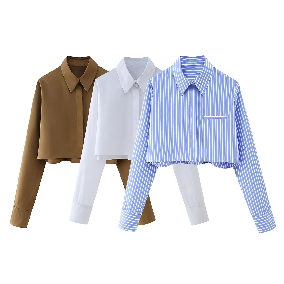 3 colorway turn down collar buttons up long sleeve casual women's modest crop top blouse