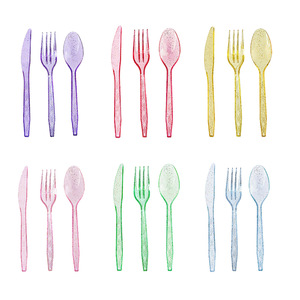 Tenedores de plástico desechables con destellos dorados y colores arcoíris para fiestas, cumpleaños y celebraciones. - Product Image 5