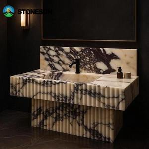 StoneSun Calacatta Viola natuursteen marmeren spoelbak met wastafelonderstel van massief hout voor luxe badkamerprojecten - Product Image 6
