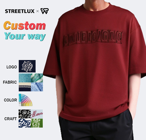 Camiseta con bordado desgastado de gran tamaño para hombre con logotipo personalizado americano, patrón de letras largas con apliques a mano, OEM y ODM - Product Image 1
