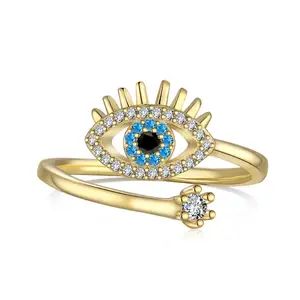 Populaire En Gros 925 Sterling Silver Fine Jewelry 18K Plaqué Or Zircon Pave Blue Evil Eye Anneaux Réglable