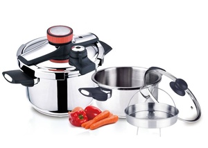 Casserole à pression de luxe pour usage domestique en <span class=keywords><strong>acier</strong></span> <span class=keywords><strong>inoxydable</strong></span>, fond composé, capacité 5-7 litres, avec système de verrouillage par pince - Product Image 4
