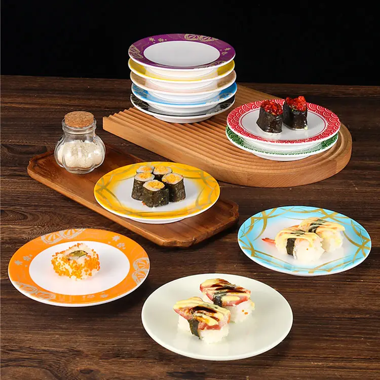 जापानी शैली रंगीन 6 इंच गोल मेलामाइन सुशी सर्विंग प्लेट प्लेट डिश रेस्तरां मेलामाइन सुशी प्लेट