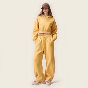 Women's Yellow Knitted 2 Piece Set Hooded Crop <b>Top</b> And Wide Leg Pants Solid Color Loose Fit Casual Spring Summer Wear - Product Image 1