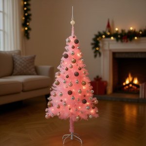Sapin de Noël artificiel rose en PVC pré-éclairé de 47,2 pouces avec ensemble de boules, lumières LED chaudes pour intérieur et base autoportante - Product Image 2