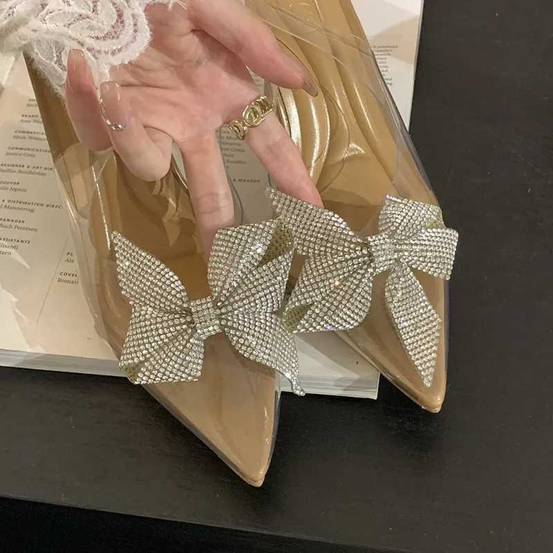 Aneikeh 2023 Transparent PVC Crystal Flower High Heels Women's Summer Butterfly-Knot Pointed Slingback Single Shoe Wedding Dress