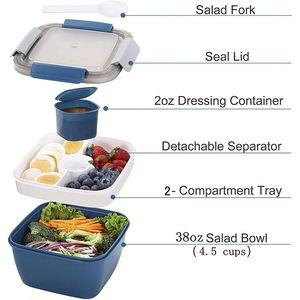 BPA-Free 3-compartments Bento Lunch Box 2-layer <b>Microwave</b> Dishwasher Safe Plastic Salad Container Box for Meal Prep - Product Image 2
