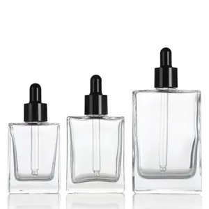 China wholesale transparent glass skin care cosmetic thick bottom 30ml 50ml 100ml square oil dropper bottle