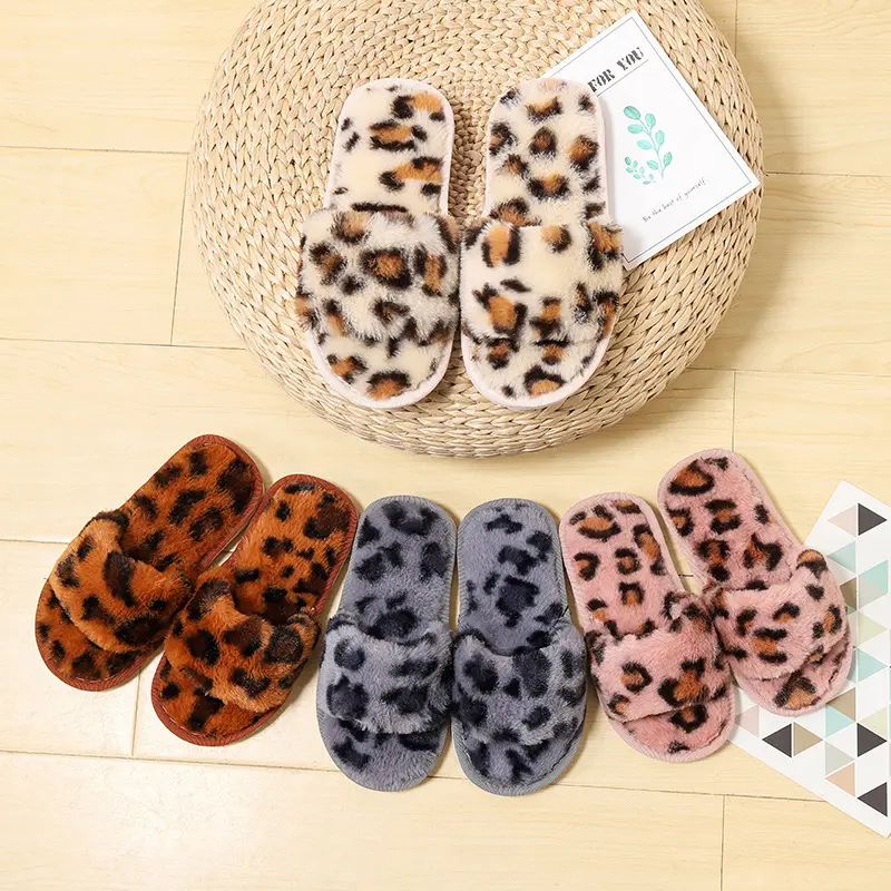 Zapatillas de felpa con estampado de leopardo para niños, zapatos de otoño e invierno