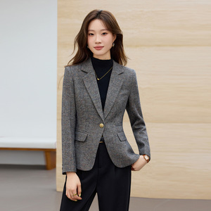 Women's Wool Blazer Gray Slim Fit Autumn Winter 2025 Solid Color No-Wrinkle Treatment Pocket Design - Product Image 1