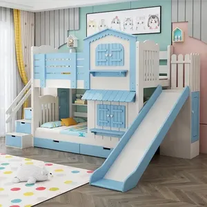 Hot Kids Massief Grenen Houten Stapelbed Kind Houten Loft Bed Met Glijbaan En Trap Voor Jongen En Meisje