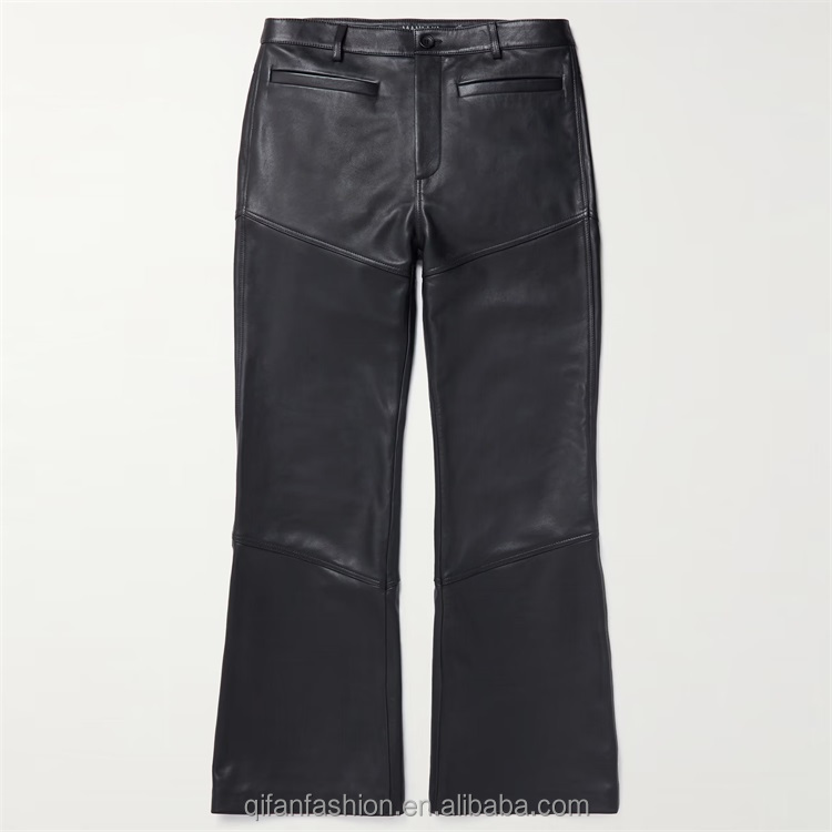 Custom vintage style plain black flared leather pants for men