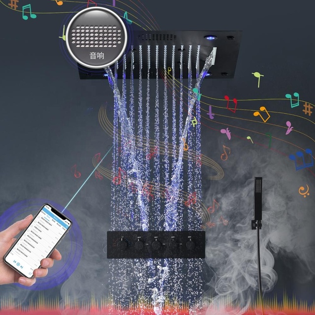 Hm Bathroom Ceiling Mounted Thermostatic Led Light Shower Head Set Smart Music Rainfall Shower System