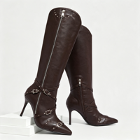 Bottes hautes marron pour femme personnalisables, à bout pointu, avec fermeture éclair intégrale, bride à boucle, talon aiguille et cloutées