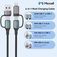 Câbles de charge rapide USB C Miccell PD 240w C vers C, câbles multifonctionnels 4 en 1 en nylon tressé de type C pour smartphones