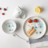Vaisselle en céramique de dessin animé créatif, ensemble d'assiettes, tasse de chat de natation mignon, assiette à dessert, bol à salade, cuillère