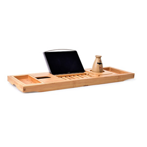 Bamboo Bathtub Tray With <b>Tablet</b> <b>Stand</b> Retractable Multi Functional Bathroom Storage Rack Eco Friendly Rectangle Shape - Product Image 5