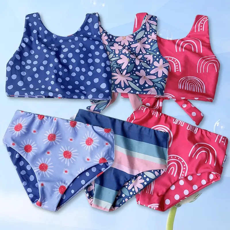 Chica adolescente Tie-front Bow Traje de baño Dibujos animados personalizado Verano 2PCS Bikini Reversible Traje de baño Estampado de moda Niños Traje de playa