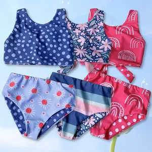 Teen Girl Tie-front Bow Swimwear Cartoon Custom Summer 2PCS Bikini Reversible Swimsuit Fashion Print Kids Beach Suit