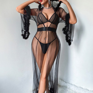 Set Lingerie 3 Pezzi con Vestaglia con Cappuccio e Piume, <span class=keywords><strong>Reggiseno</strong></span> a Triangolo in Rete <span class=keywords><strong>Trasparente</strong></span>, Slip Coordinati, Abbigliamento da Notte per Donne, Vestaglia in <span class=keywords><strong>Tulle</strong></span> - Product Image 2