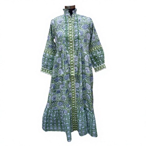 Robe maxi kaftan à imprimé floral pour femmes, coupe ample, manches trois quarts, col mandarin, 100% coton, tenue décontractée d'été - Product Image 1