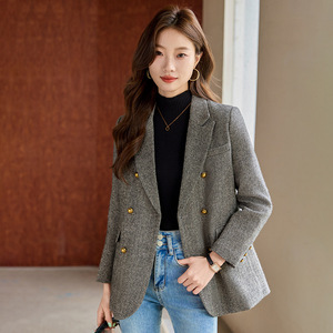 Women's Wool Blazer Double Breasted Herringbone Pattern Slim Fit Office Suit Jacket Autumn Winter 2024 Gray Brown Color - Product Image 3