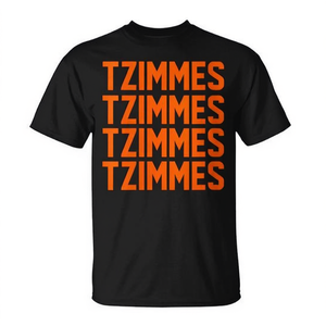 Tzimmes <b>T</b>-<b>Shirt</b> Black Orange Text Jewish Rosh Hashanah <b>Vegan</b> Food Theme Unisex Adult Short Sleeve Crew Neck Silk Screen Printing - Product Image 2