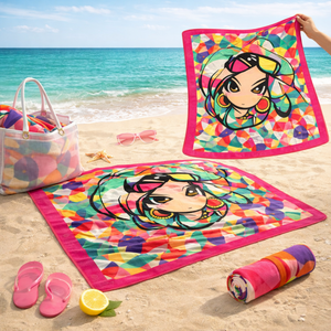 Serviette de plage en microfibre à impression intégrale par sublimation 80x160cm, imprimée double face, fermeture à pression, couleur HD pleine couleur 200gsm - Product Image 1