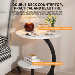 Table d'appoint moderne en forme de C avec plateau double en faux marbre et structure en métal noir pour salon, chambre, bureau à domicile, appartement - Product Image 4