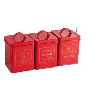 Red Set of 3 Airtight Square Metal Food Storage Tin Canister Jar for Tea Sugar Coffee