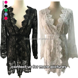 فستان كيمونو نسائي أبيض من الدانتيل للشاطئ، كارديجان مثير بياقة V من الكروشيه، ملابس سباحة وبيكيني مع حزام ربط شفاف - Product Image 3