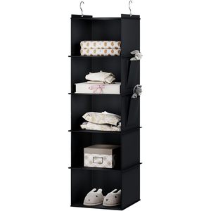 Organisateur de placard suspendu à 5 étagères, noir, en tissu non tissé, pour chambre à coucher, fixation au plafond - Product Image 1