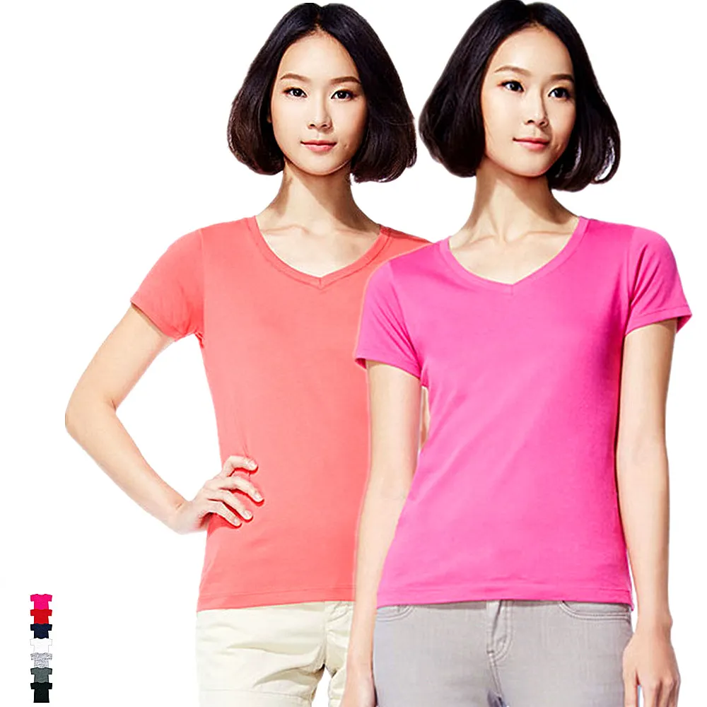 WomenのV-Neck 150 gsm 100% Cotton Solid Color Short-Sleeve OEM Blank Customizable Embroidery tシャツT-shirt