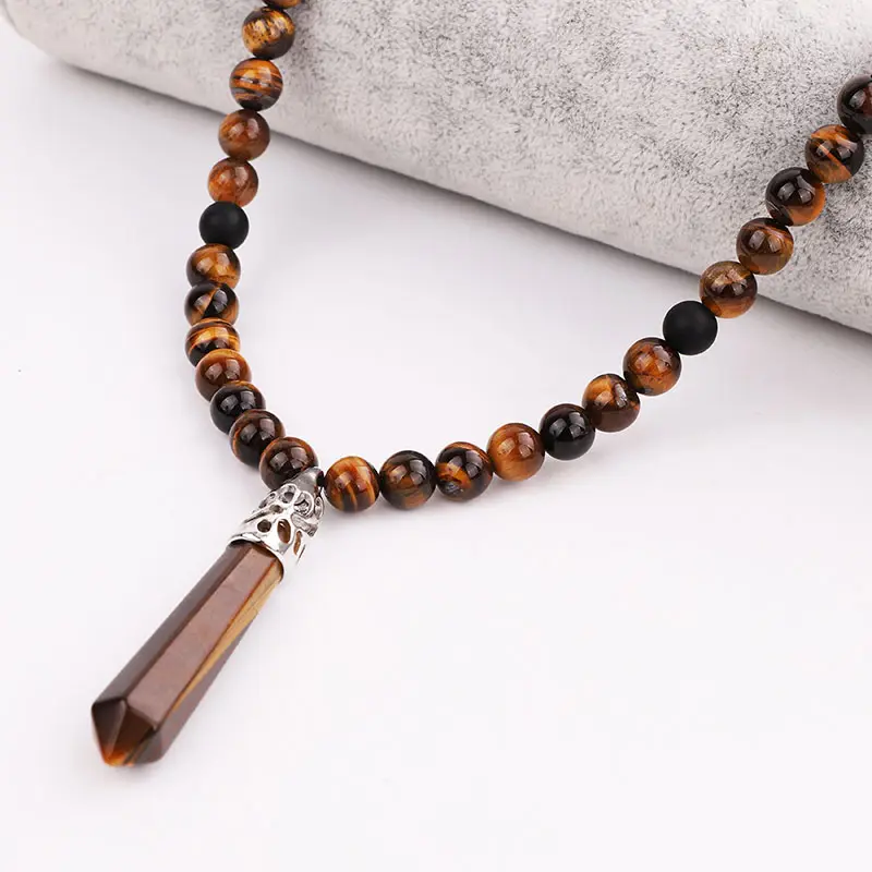 Classic Design Natural Stone Gemstone Beads Healing Point Adjustable Men Stone Pendant Long necklace