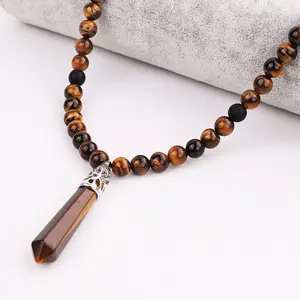 Wholesale beads 7 stones pendants-Classic Design Natural Stone Gemstone Beads Healing Point Adjustable Men Stone Pendant Long necklace
