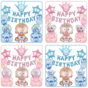 Happy Birthday Baby Boy Girl Blue Pink Foil Balloons Set Gender Reveal Baby Shower Foil Balloon