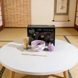 Classic Ceramic Trendy Purple & White Checkered <b>Set</b> With Bamboo Whisk Scoop and Holder-Gift for <b>Matcha</b> Lovers - Product Image 1