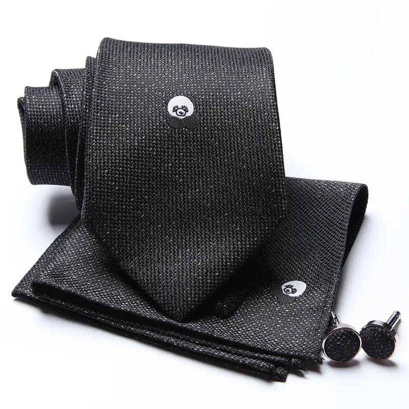 Custom necktie panda logo black mens tie cufflink and hanky set with box