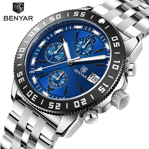 Benyar Men's Watch 42mm Round Dial Chronograph Quartz Stainless Steel Strap Waterproof Luminous Date Calendar - Product Image 1