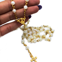 (Boîte) Collier chapelet rose doré Perles roses Bijoux croix chapelet