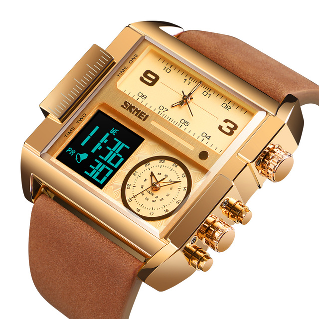 Skmei 3time Multi-Function Digital Sport Watch 3ATM Water-Resistant Wristwatch with Leather Band Glass Dial Window 1391 Model