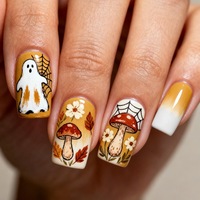 Offre Spéciale – Faux Ongles à Coller Noirs Mats pour Halloween, Forme Cercueil Moyenne, Motif Citrouille Orange et Fantôme, Finition Velours, 24 Pièces