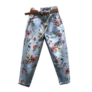 Flower Jeans Woman 2024 Spring New High-waist Loose-fit Pants Harem Women's Jeans Femme Personality Printed denim jeans