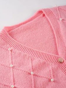 Cárdigans de punto para mujer de longitud regular con cuello en V, decoración con cuentas, tela transpirable, estilo casual, mangas largas - Product Image 3