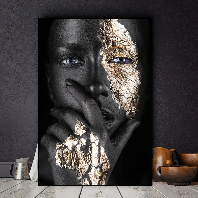 Pintura a óleo de arte africana sobre tela, mulher preta e dourada, arte de parede escandinava, imagem para sala de estar, pôsteres e impressões