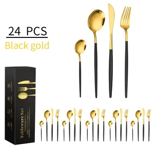 Diskon besar peralatan makan Portugis besi tahan karat Nordic Set sendok garpu sendok peralatan makan berwarna emas 24 buah pisau makan malam