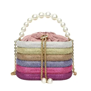 Glitter Shiny Rhinestone Handbags Women Pearl Beaded Top Handle Clutch Purses Diamond Evening Bags