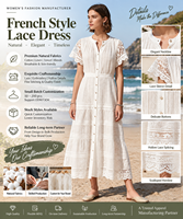 Robe midi romantique en coton naturel pour femme, avec dentelle blanche au crochet, boutonnée, à volants, style estival/inspiration féminine française
