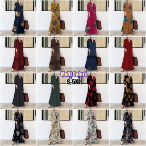 Váy nữ họ<span class=keywords><strong>a</strong></span> tiết ca rô cổ trụ cài nút tay dài size lớn chất liệu cotton linen, váy maxi vintage dành cho phụ nữ Hồi giáo - Product Image 4