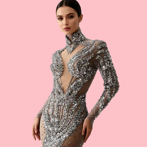 أنيقة طويلة الأكمام حجر الراين الترتر حفلة عيد ميلاد مساء اللباس مصغرة النساء الكوكتيل مأدبة حفلة موسيقية الزي النادي - Product Image 1